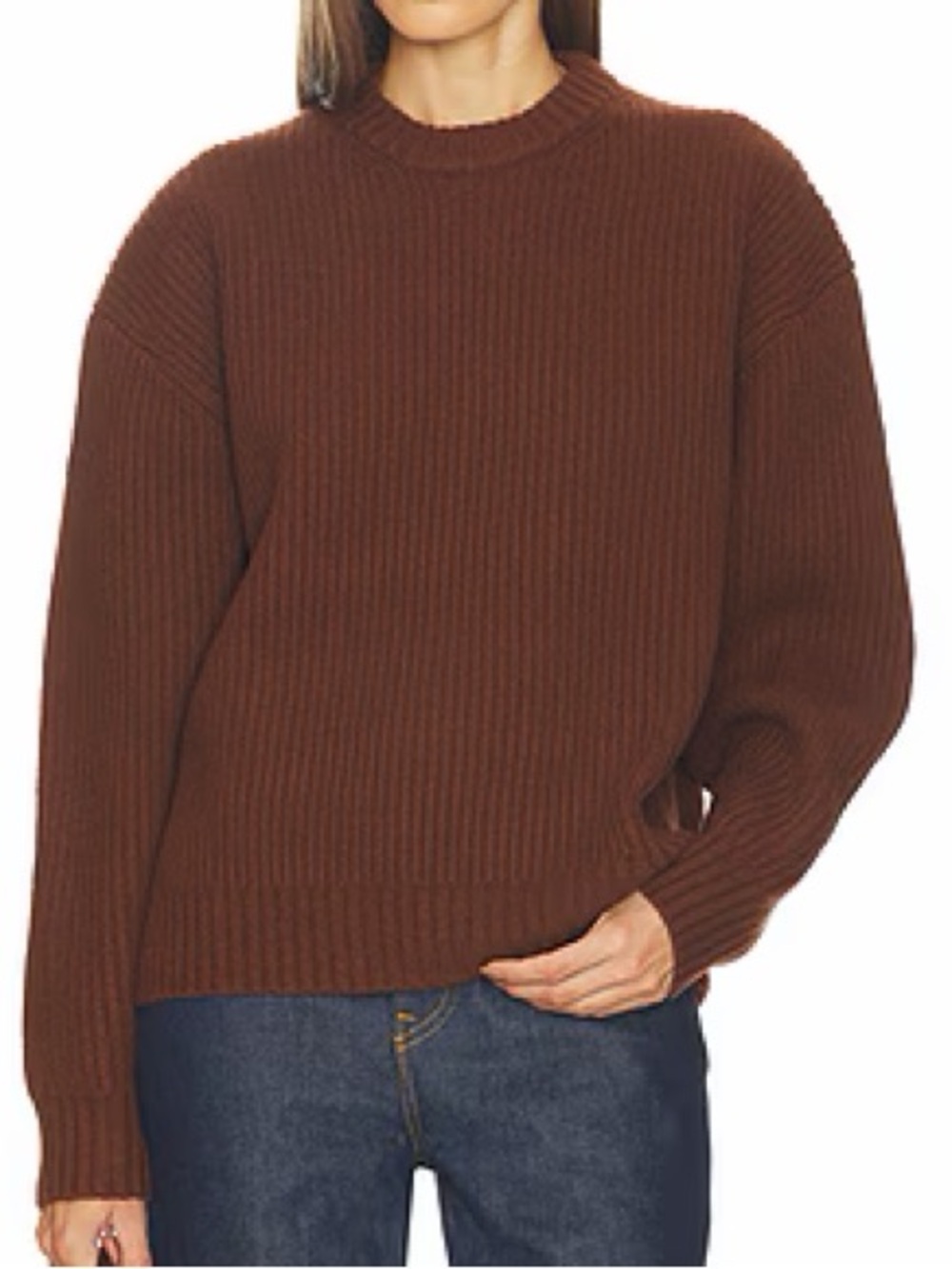 525 AMERICA Emma Crewneck Shaker Stitch Cotton Sweater in Shaved Chocolate